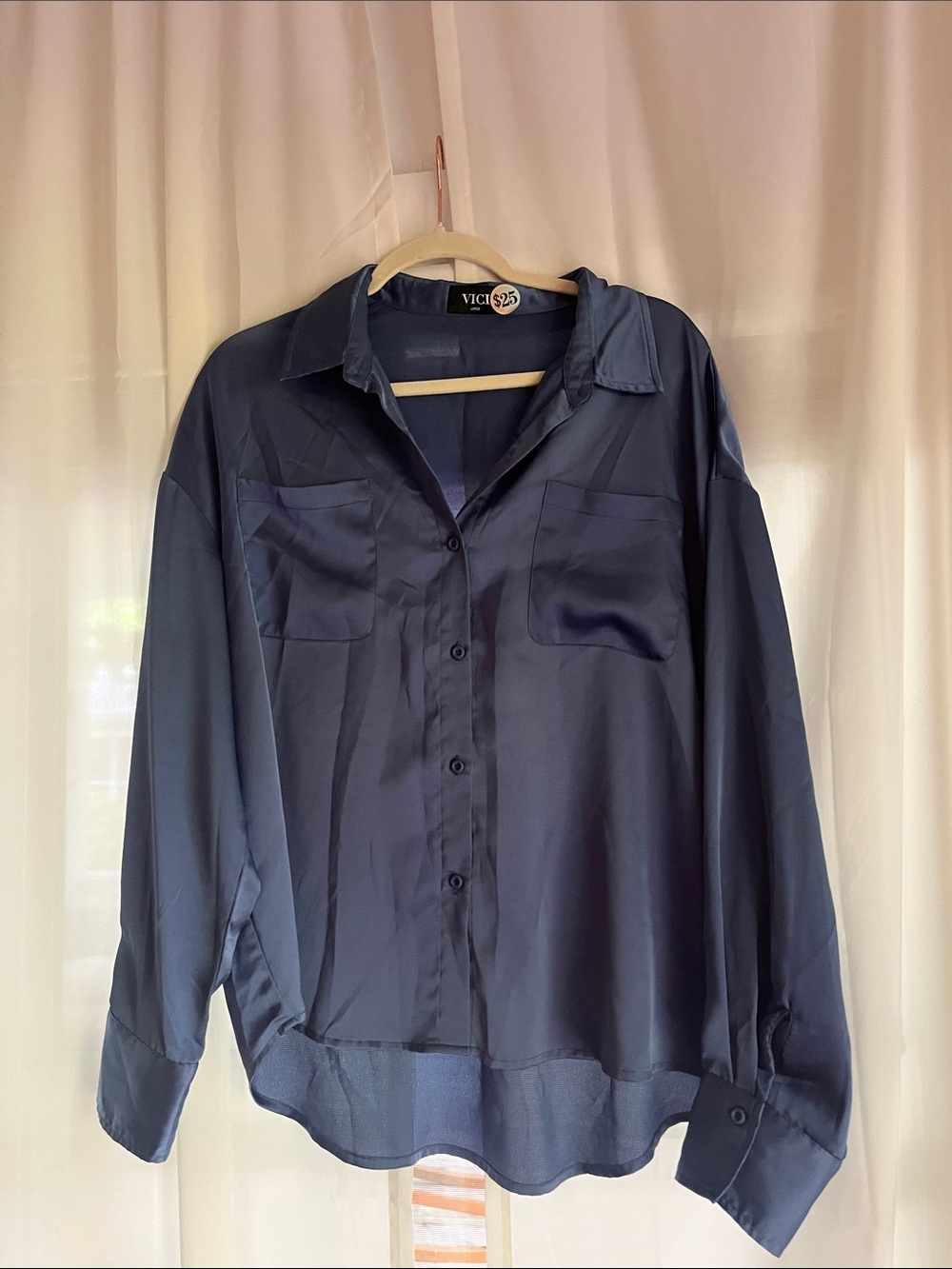 Vici Navy Satin Long-Sleeve Button-Down Shirt
